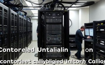 Technicians configuring network equipment in a secure environment.