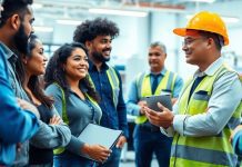 Employees discussing safety in a modern workplace setting.