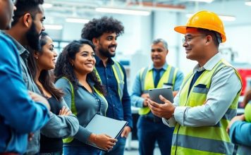 Employees discussing safety in a modern workplace setting.