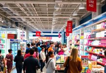 Busy retail store with customers and products on display.