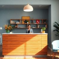 Friendly receptionist at a modern desk in a bright office.