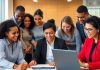 Diverse professionals collaborating in an immigration services office.