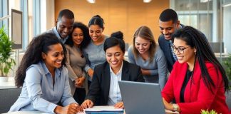 Diverse professionals collaborating in an immigration services office.