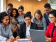 Diverse professionals collaborating in an immigration services office.