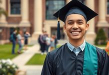 Graduate in cap and gown with friends celebrating.