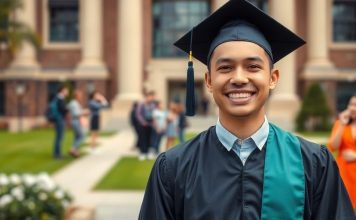 Graduate in cap and gown with friends celebrating.