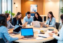 Professionals collaborating in a modern office setting.