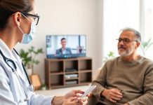 Healthcare professional on a video call in home office.