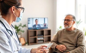 Healthcare professional on a video call in home office.