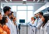 Diverse professionals collaborating in a modern pharmaceutical lab.