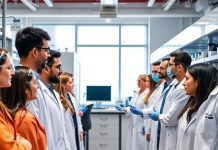 Diverse professionals collaborating in a modern pharmaceutical lab.