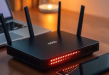 Wireless router on a desk with glowing LED indicators.