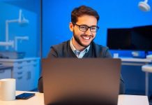 Remote dentist using laptop in a modern office setting.