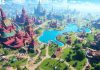 Fortnite's large, colorful game map with players and structures.