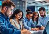 Group of cybersecurity professionals collaborating in a modern office.