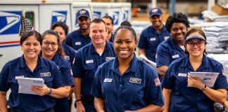 Diverse USPS employees working together in a postal facility.