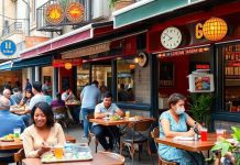 Colorful restaurants with diners enjoying meals outdoors.