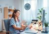 Nurse working in a cozy home office environment.