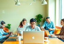 Diverse professionals collaborating in a modern remote workspace.