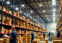 Employees working in a busy Amazon warehouse.