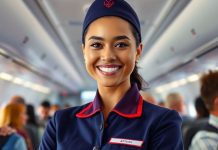 Flight attendant in uniform inside an airplane cabin.