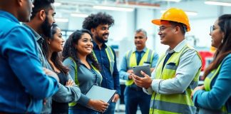 Employees discussing safety in a modern workplace setting.