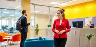 Friendly receptionist welcoming visitors in a modern office.