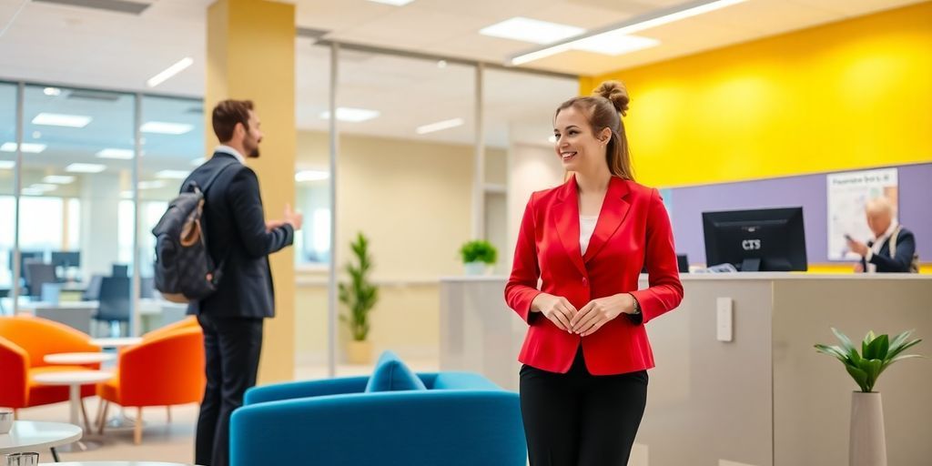 Friendly receptionist welcoming visitors in a modern office.