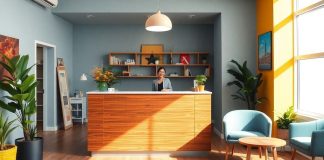 Friendly receptionist at a modern desk in a bright office.