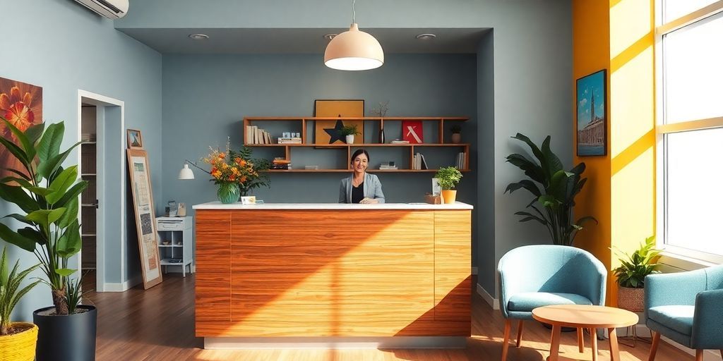 Friendly receptionist at a modern desk in a bright office.