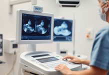 Ultrasound machine in a clinical environment with a technician.