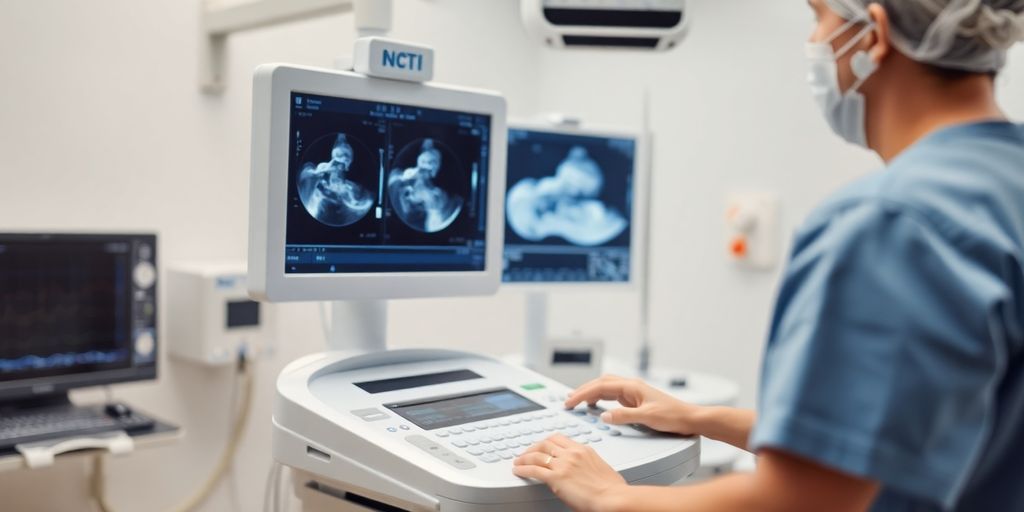 Ultrasound machine in a clinical environment with a technician.