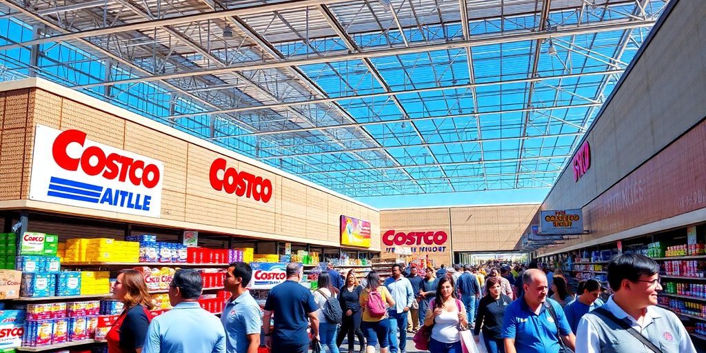 Crowded Costco store with customers and friendly staff.