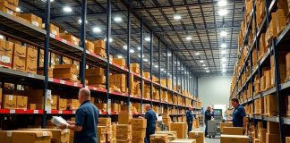 Employees working in a busy Amazon warehouse.