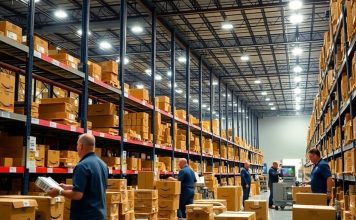 Employees working in a busy Amazon warehouse.