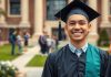 Graduate in cap and gown with friends celebrating.