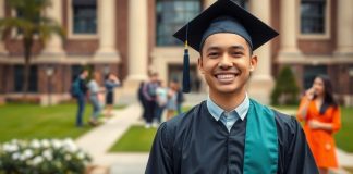 Graduate in cap and gown with friends celebrating.