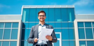 Job seeker in professional attire outside an office building.