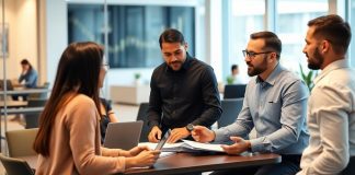 Consultants collaborating in a modern office environment.