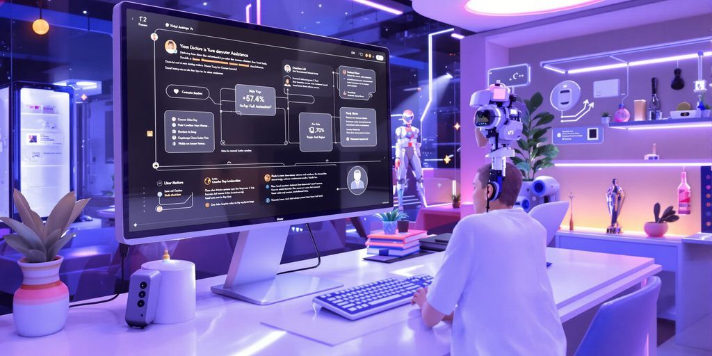 Futuristic workspace with digital assistant and user interaction.