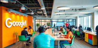 Diverse professionals collaborating in a vibrant Google workspace.