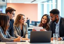 Diverse Bank of America employees collaborating in a modern office.