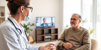 Healthcare professional on a video call in home office.