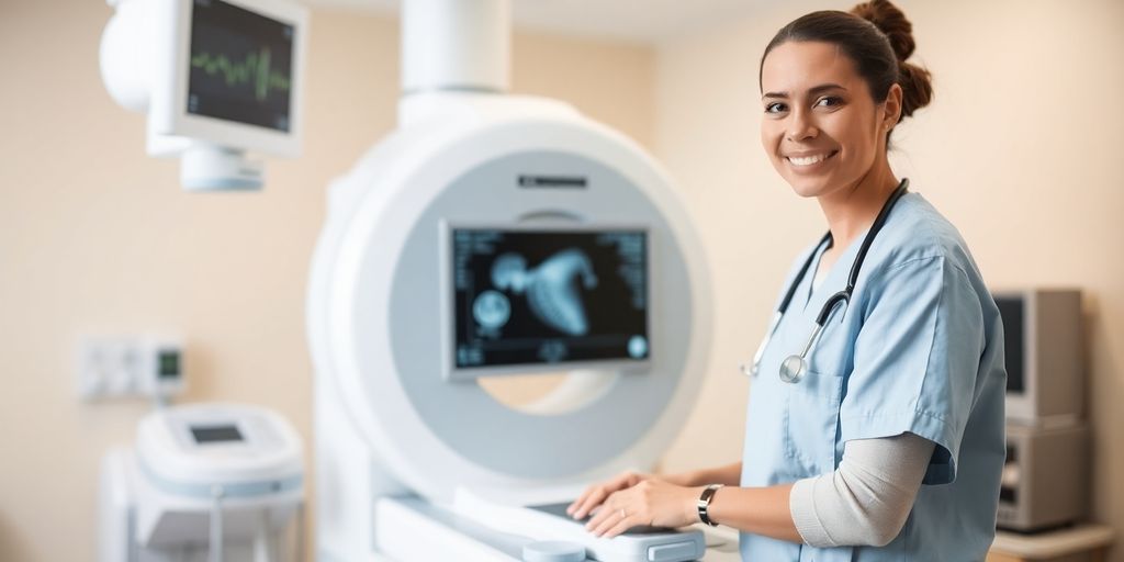 Radiologic technologist preparing imaging equipment in a clinic.