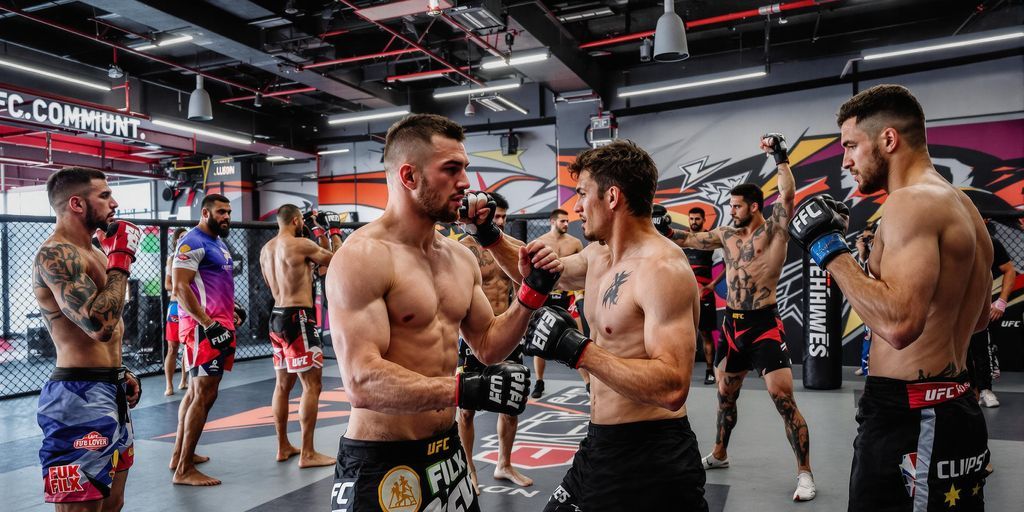 Diverse athletes training in an MMA gym setting.