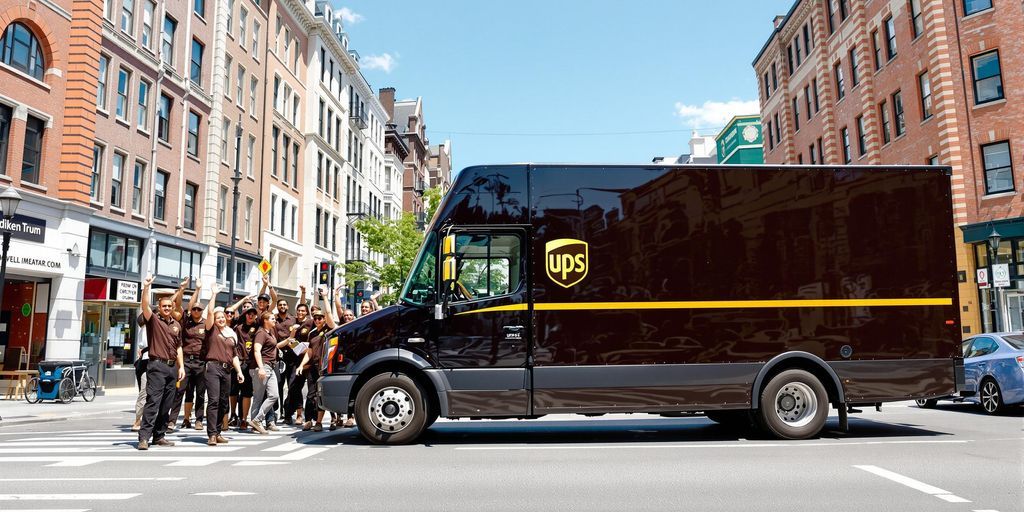 UPS truck with employees in brown uniforms on street.