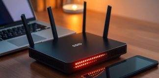 Wireless router on a desk with glowing LED indicators.