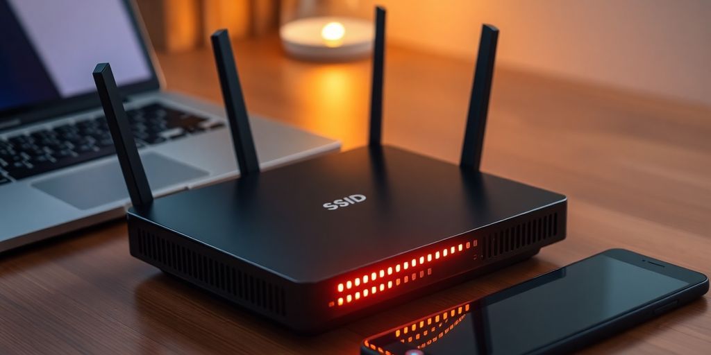 Wireless router on a desk with glowing LED indicators.