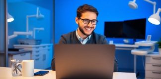 Remote dentist using laptop in a modern office setting.