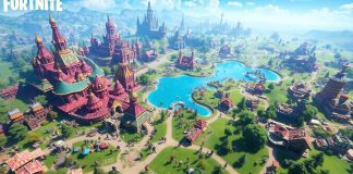 Fortnite's large, colorful game map with players and structures.